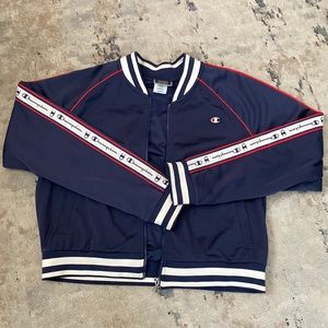 Blue, red and white Champion bomber jacket, size large